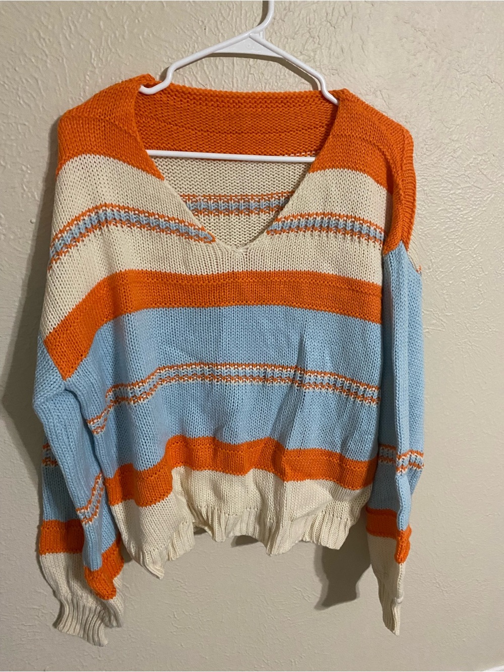 SHEIN Orange, Light Blue & Cream Striped V-Neck Sweater